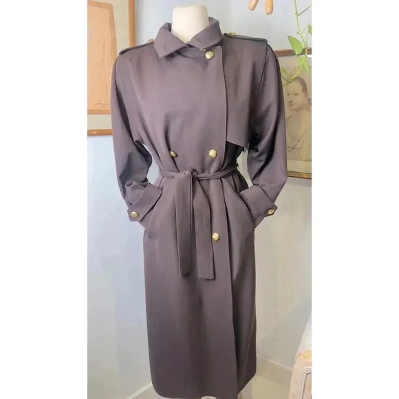 Vintage Larry Levine Gold Button Double-Breasted Brown 80s Trench Coat Size 4 - Picture 8 of 8